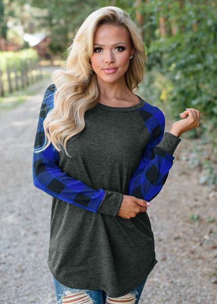 

plaid panel raglan long sleeve t-shirt for women autumn winter casual shirt blue plus size s-5xl, White