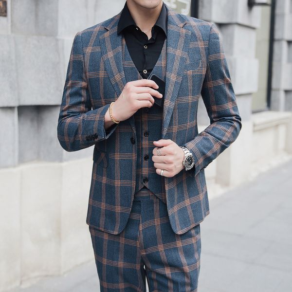 

pants + vests) spring men's three-piece korean youth retro plaid groom wedding host dinner casual suit, White;black