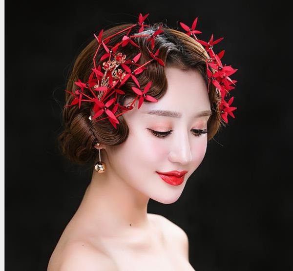 

bride's handmade red head flower crystal hairpin, silk flower head ornament, bridal wedding gown hair ornament, Silver