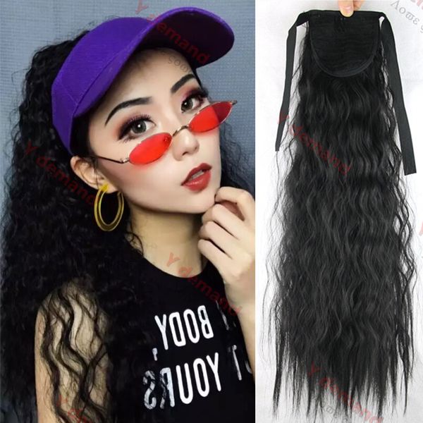 

y demand 22 inch long synthetic ribbon ponytail clip heat resistant kinky drawstring ponytails clip in hair extensions, Black