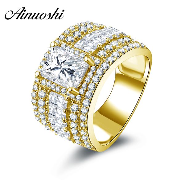 

ainuoshi 10k solid yellow gold ring jewelry new 1.5 ct rectangle cut simulated diamond wide wedding rings women brilliant gift, Golden;silver