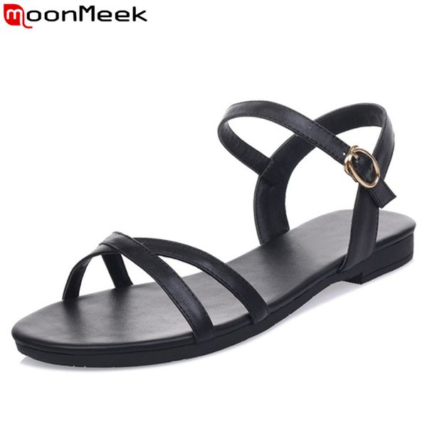 

MoonMeek 2017 новый натуральная кожа женщины сандалии мода твердые цвета пряжки плоские летние сандалии простые удобные леди обувь