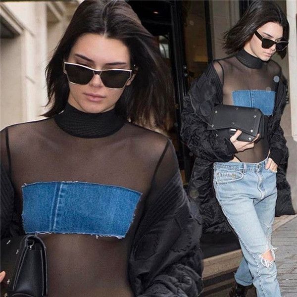 

women black one piece jumpsuits denim blue jean patchwork mesh bottoming rompers, Black;white
