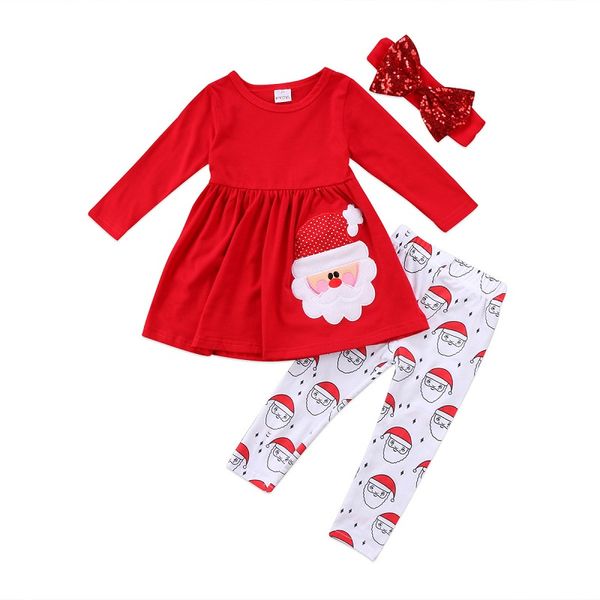 Mais novo Natal Crianças Bebê Meninas Roupas de Papai Noel Manga Longa Top Vestido + Calças + Cocar 3 pcs Roupas Conjunto de Roupas de Bebê