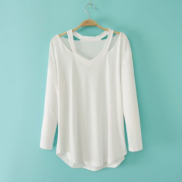 

Fashion Women Casual T Shirts Long Sleeve V-Neck Cotton Tee Tank Top White Black Grey Shirt Pullovers Pure Color Blouse Free Shipping
