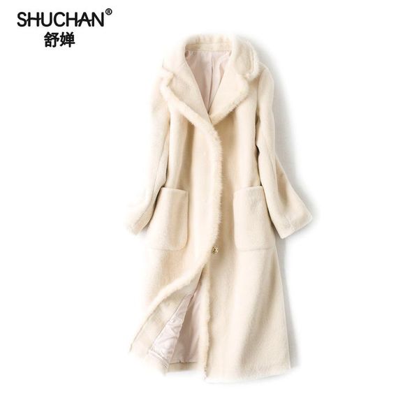

shuchan coat female wool mink long turn-down collar covered button office lady slim park women's winter female jacket kpl17013-1, Black