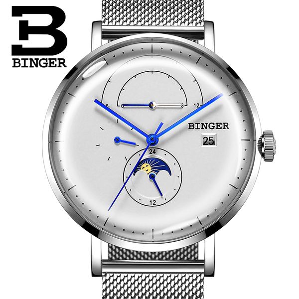 

binger mens watches automatic mechanical watch men multi-function calendar moon phase 24 hours sapphire watches, Slivery;brown
