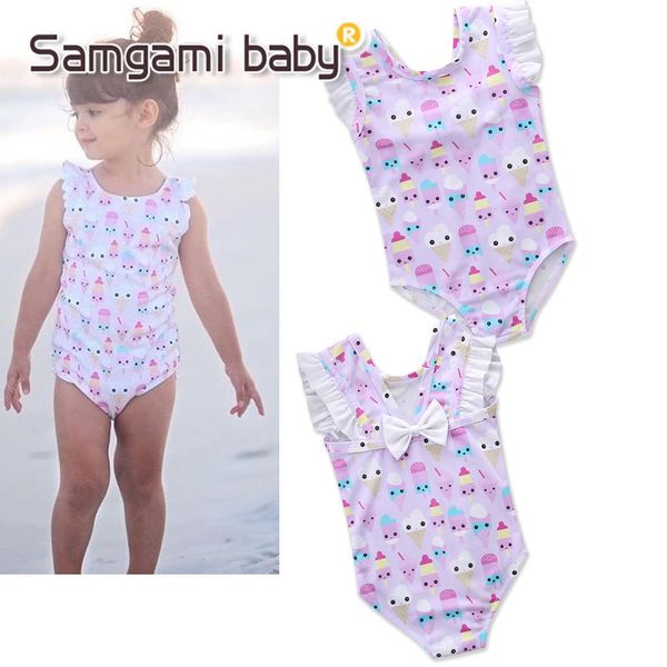 

ins summer new girls lovely flying sleeves ice-cream printing swimsuit baby girls bathing suits kids swimwear m106, Black