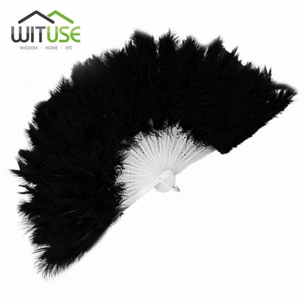

wituse black large soft feather folding hand fan for wedding party decoration suppliers elegant dance fan