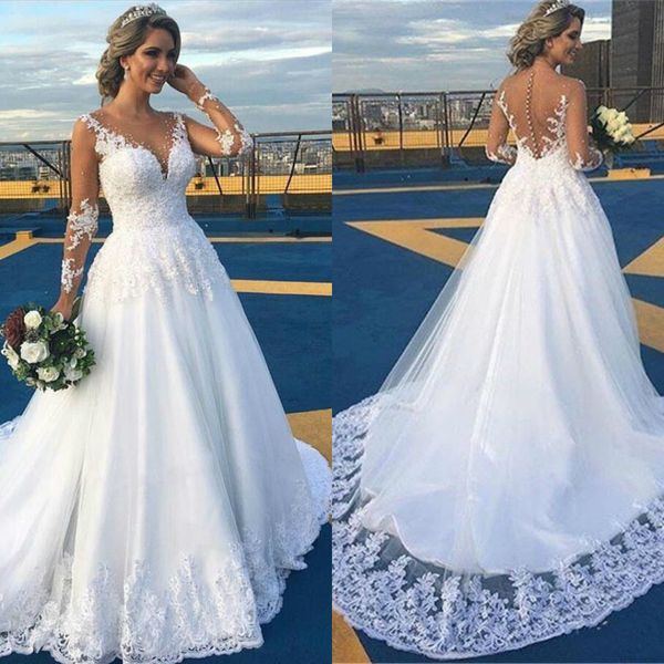 

скромные длинные рукава линия свадебные платья sexy sheer v шеи бисером свадебные платья кружева аппликация плюс размер свадебное платье, White