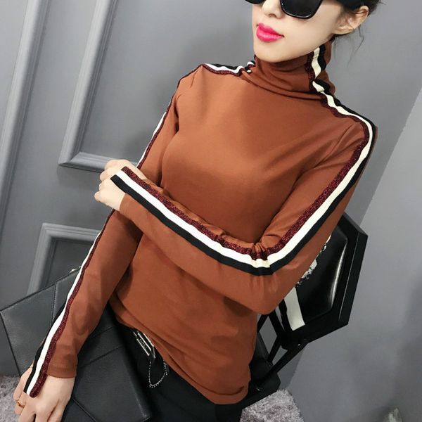 

2017 winter long sleeve turtleneck long sleeve body cotton pullovers women striped stretchy cotton t-shirts women, White
