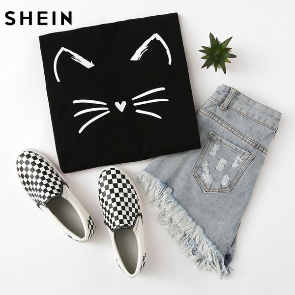 

Shein Cartoon Slim Cat Print Sweatshirt Long Sleeve Casual Women Pullovers Black Round Neck Cute Sweatshirt For Women Broadcloth