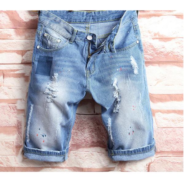 

2018 cholyl tide hole male korean tide slim hip-hop pants male horse pants summer student denim shorts 28-38 size, Blue