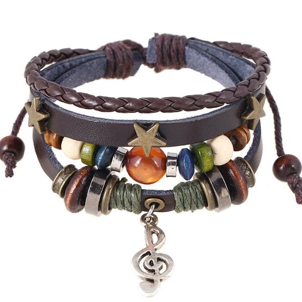 

punk beaded leather multilayer wrap bracelet mens vintage alloy star music note charm pendant bracelet men jewelry christmas gift, Golden;silver