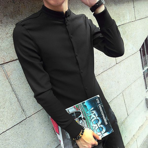 

spring autumn casual men cotton shirt long sleeve solid stand collar leisure shirts men clothes slim chinese style tunic suit, White;black