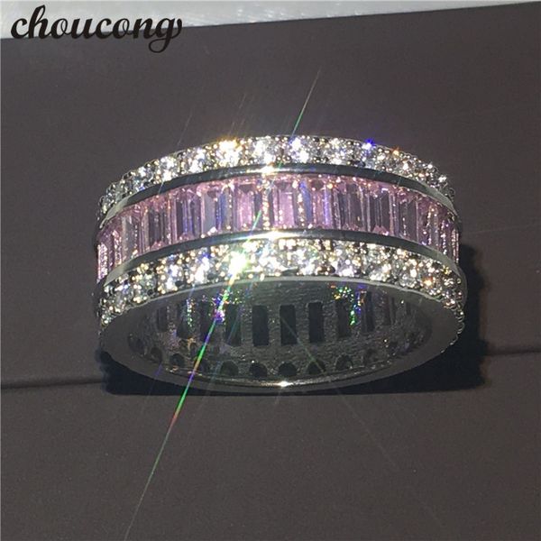 Choucong Jewelry Full Princess Cut 15ct Diamond Pink Cz 925 Sterling Silver Women Engagement Wedding Band Ring