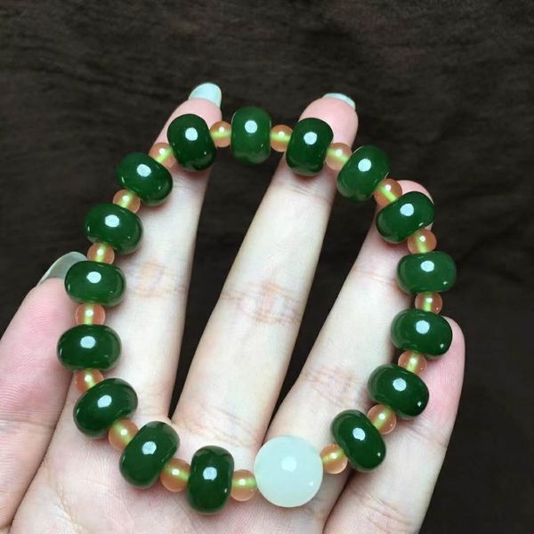 

j03#hetian jade jade spinach green abacus bead bracelet, Golden;silver