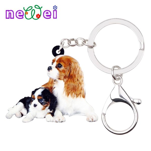 

newei acrylic cute double cavalier king charles spaniel dog key chains keychains rings bag car charms jewelry for women girls, Silver