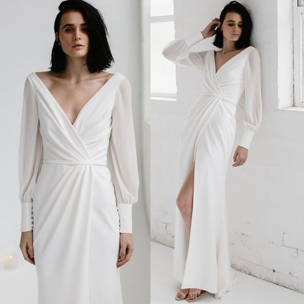 

Newest White Wedding Dresses 2018 Arabic Dresses V-neck Floor Length Long Sleeves Mermaid Side Slit Bridal Dress Custom Made