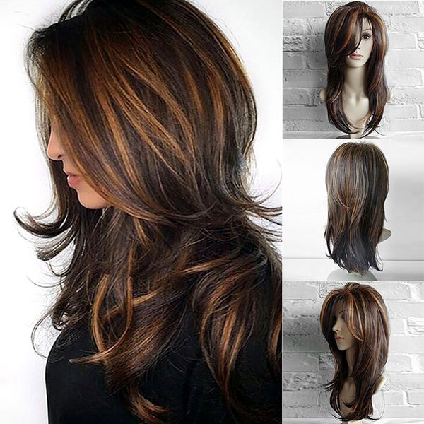 

65cm gradient brown party wigs long curly hair mixed colors natural wave synthetic wig 2m81103