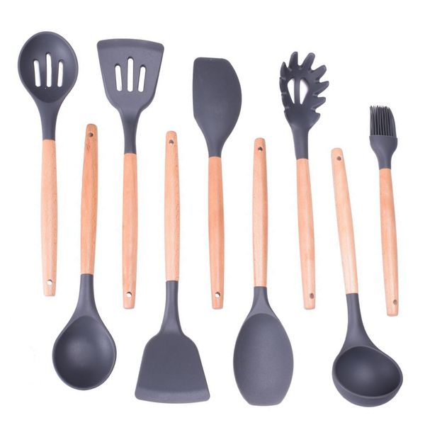 

9 styles retail silicone cooking tools silicone wooden handle spoon spatula shovel nonstick cookware kitchen baking gadgets
