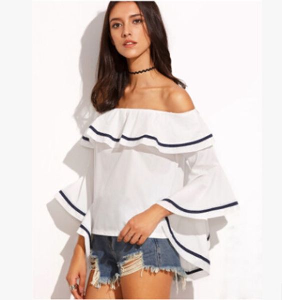 

womens clothing summer slash neck strapless tshirts casual bell sleeve female thin loose tees, White
