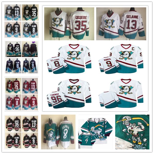 

Men mighty duck 96 charlie conway 9 paul kariya 8 teemu elanne 13 jean eba tien giguere 35 anaheim hockey jer ey white purple