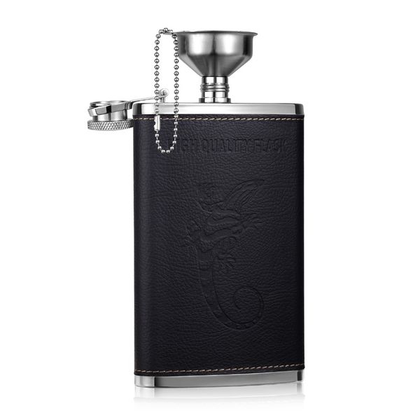 

1pc 10 oz thickened stainless steel and leather hip flask with funnel skeleton whiskey liquor flask barware drinkware gifts