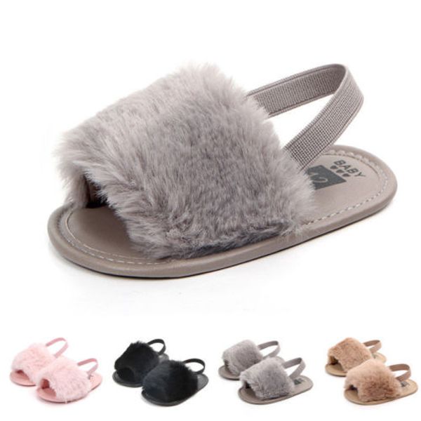 

newborn baby girl soft sole crib shoes cute fluffy fur summer slippers sandals, Black