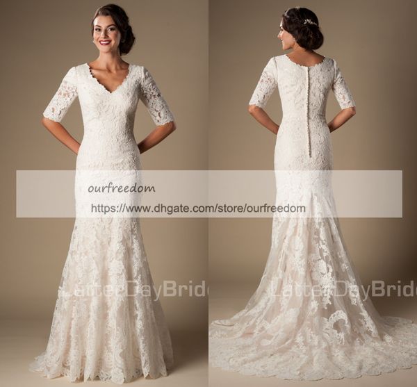 

2019 Скромные свадебные платья Boho с половиной рукава Русалка V-образным вырезом Сад