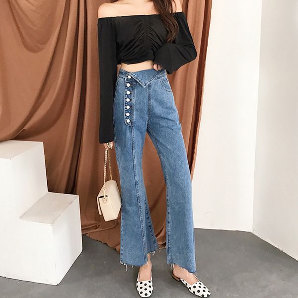 

vintage high waisted flare jeans bell bottoms jeans for women wide leg denim pants irregular side breasted button petite, Blue