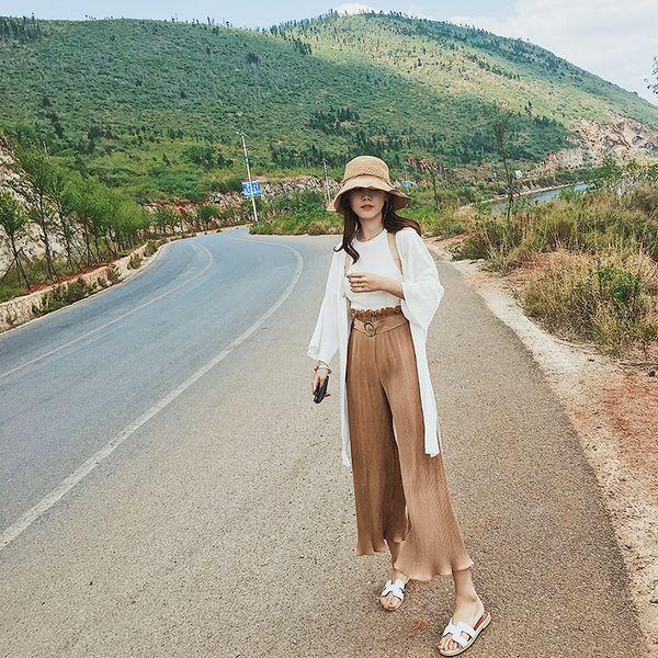 

high waist wide leg pants woman 2017 summer pleated ruffles pants casual loose lap sashes, Black;white