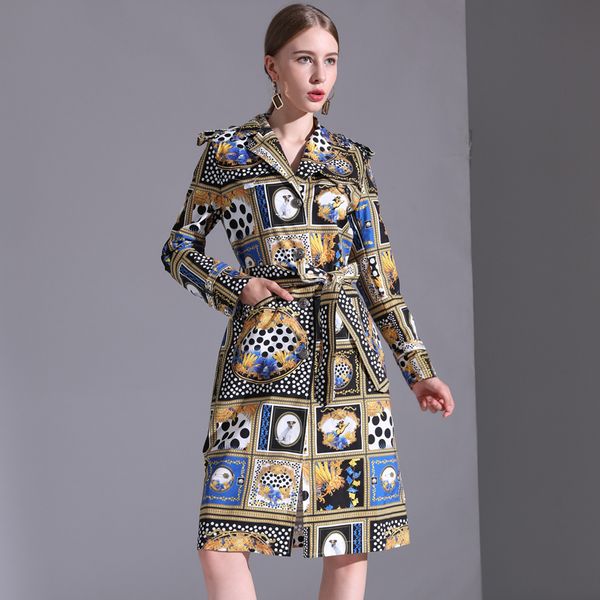 

2018 новый дизайнер длинные пальто женщин с длинным рукавом шаблон печати старинные кнопки пояса мода эполет тренч плюс размер одежды, Tan;black