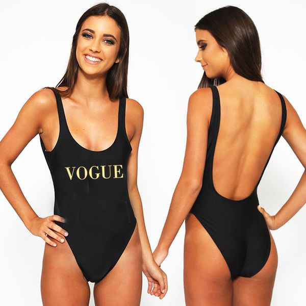 

vogue swimwear women 2017 new letter print one piece swimsuit summer bodysuit high cut low back bathing suit plus size suit, White;black
