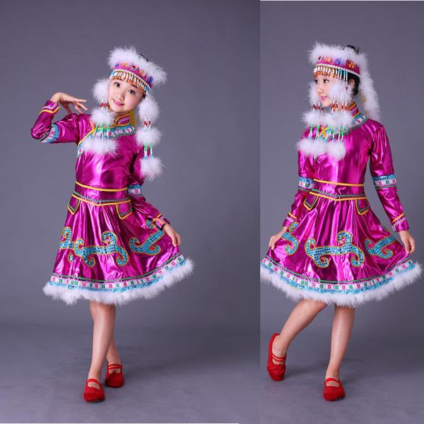 

national dance costumes for girls sinkiang clothing kids chinese mongolia clothes for girls dancing costumes dress with hat, Black;red