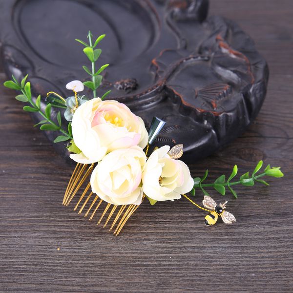 

trendy handmade gold hair jewelry flower leaves tiara hair combs bridal clip wedding women headpiece accessories, Golden;white