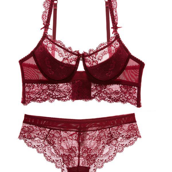 

detail matching bra and underwear sets lightly padded women thee quarter cup lace collect side bust bra women's bra hot, Red;black