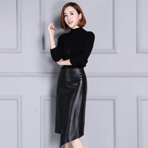 

fashion sheepskin leather high waist leather skirt, Black
