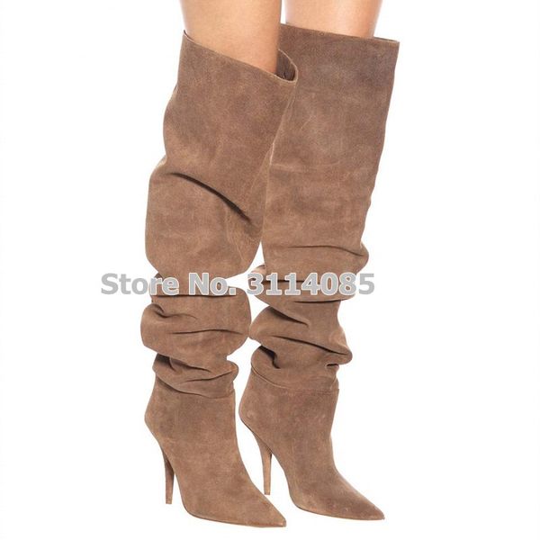 

women apricot suede pointed toe loose pleated long boots over the knee dress shoes stiletto heels nightclub stage boots dropship, Black