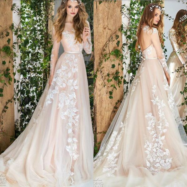 

papilio 2018 light champagne wedding dress sheer neck backless long sleeves tulle bridal gowns elegant beach wedding dresses, White
