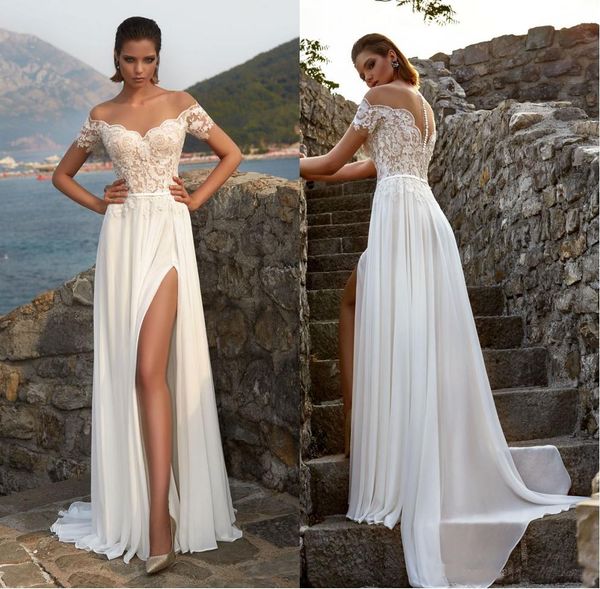 

2018 Summer Bohemian Wedding Dresses Cheap Sheer Crew Neck Lace Appliques High Split Hollow Back Boho Beach Long Bridal Gowns