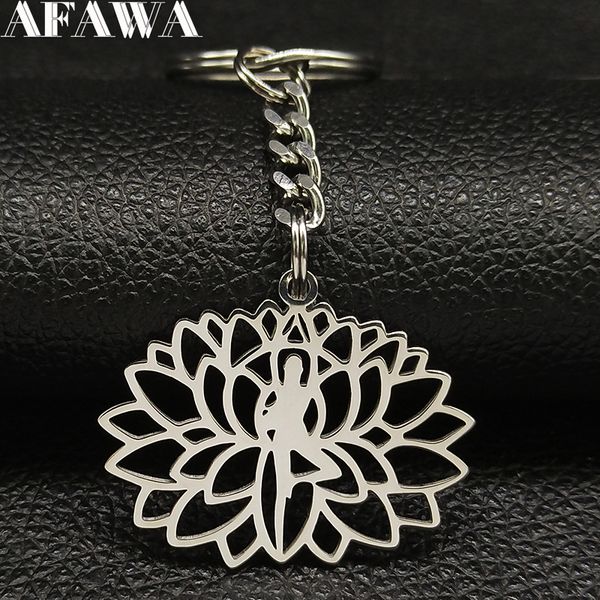 

2018 fashion yoga lotus stainless steel key chain women silver color flower of life keyrings jewelry llaveros de acero k77453b