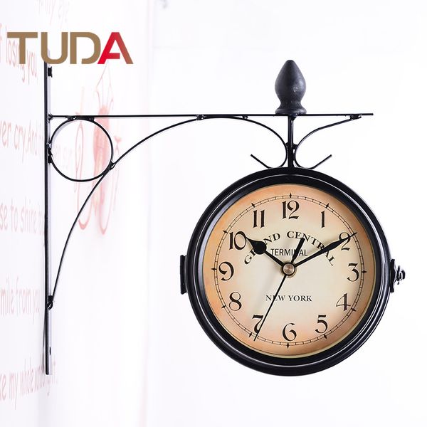 

tuda home creative clock wrought iron hanging wall clock retro decoration living room mute double-sided wall