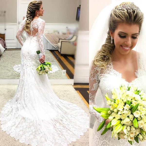 

vintage lace mermaid wedding dresses illusion long sleeves v neck appliques romantic modest bridal gowns with sweep train 2019, White