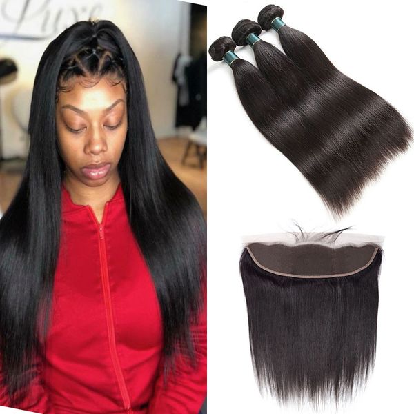 

straight human hair 3pcs bundles with 13*4 lace frontal grade 10a malaysian peruvian brazilian indian mongolian virgin hair weaves extension, Black