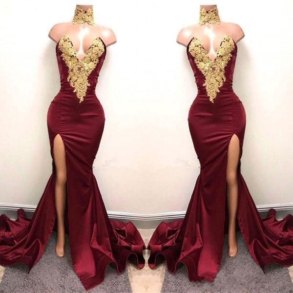 

Burgundy High Split Prom Dresses Gold Appliques Sexy Strapless V Neck Evening Gowns Sweep Train Mermaid Formal Party Dress Women Vestidos