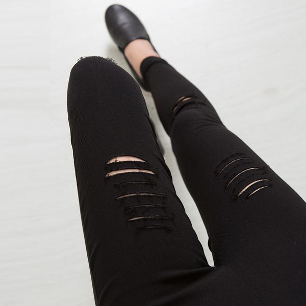 

2017 ladies ripped hole large size xl skinny pencil pants spring autumn slim fitted leggings cotton blend pant, Black;white