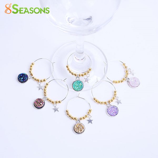 

wholesale-8seasons wine glass charms pendants mixed randomly antique silver ab color resin drusy cabochon star table deco, 1 set (6 pcs, Black