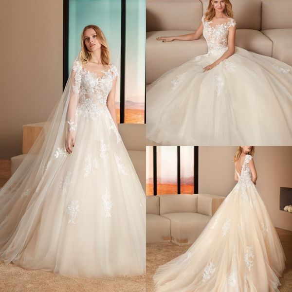 

cabotine 2019 тюль кружева свадебные платья jewel шеи спинки свадебные платья бисер линия бохо пляж развертки поезд свадебное платье, White