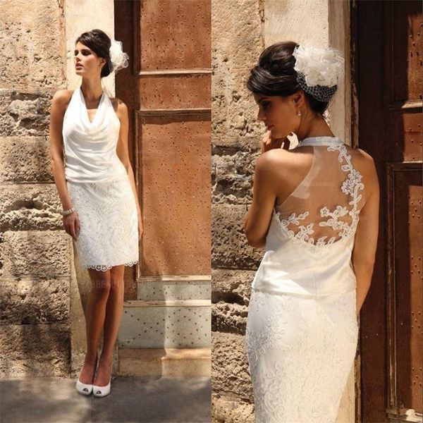 

halter short sheath wedding dresses 2019 new design selling sleeveless applique knee length lace bridal gowns vestidos de noiva w616, White